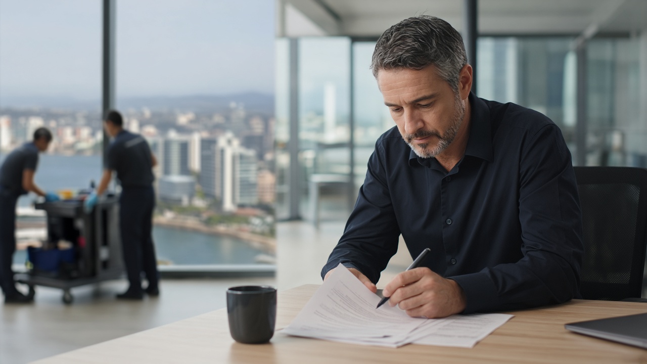 Owner at Newcastle CBD office reviewing cleaning scope