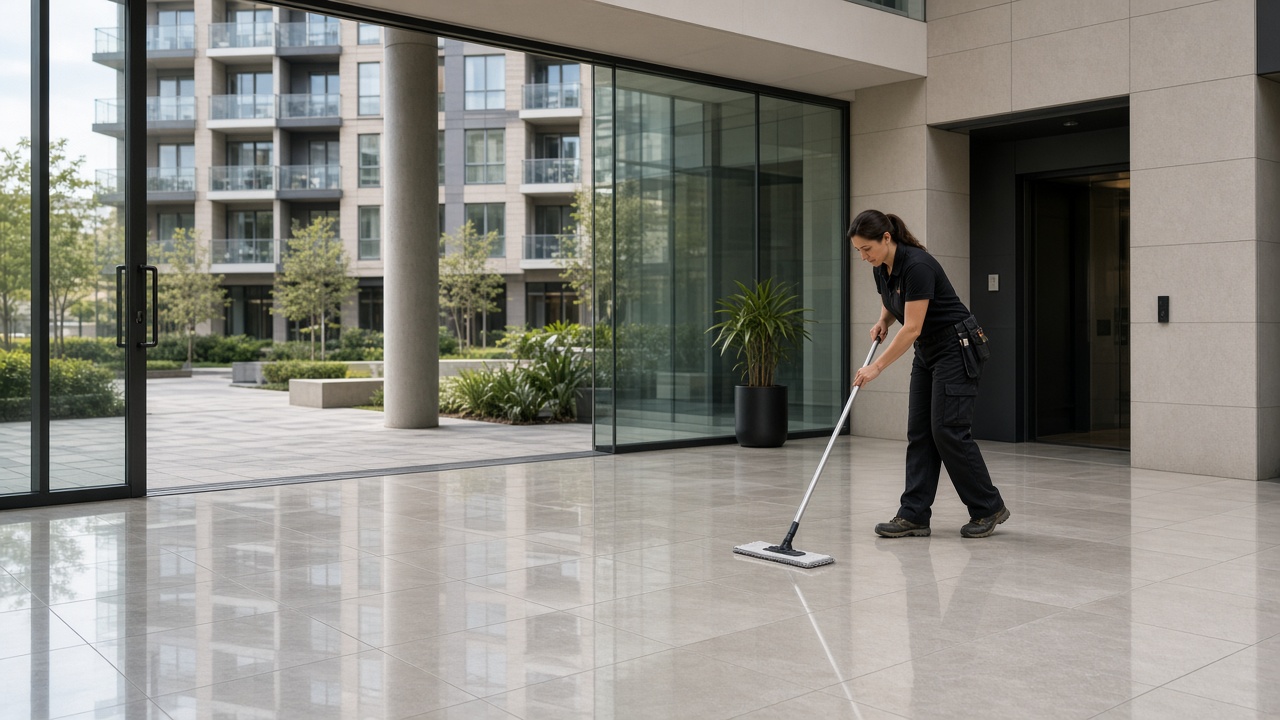 Strata apartment complex common area in Newcastle being cleaned