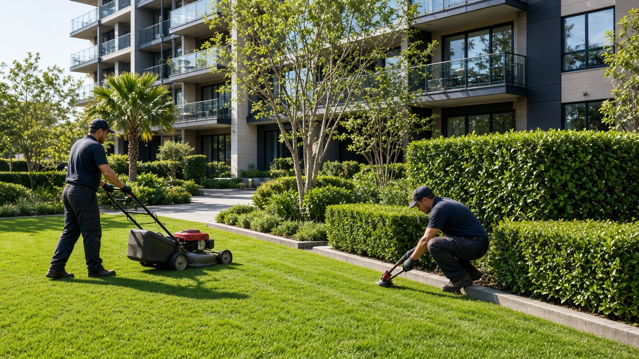 Grounds maintenance crew mowing lawn at a Newcastle strata complex