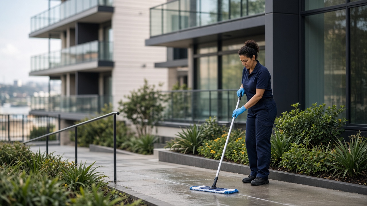 Strata apartment complex common area in Newcastle being cleaned