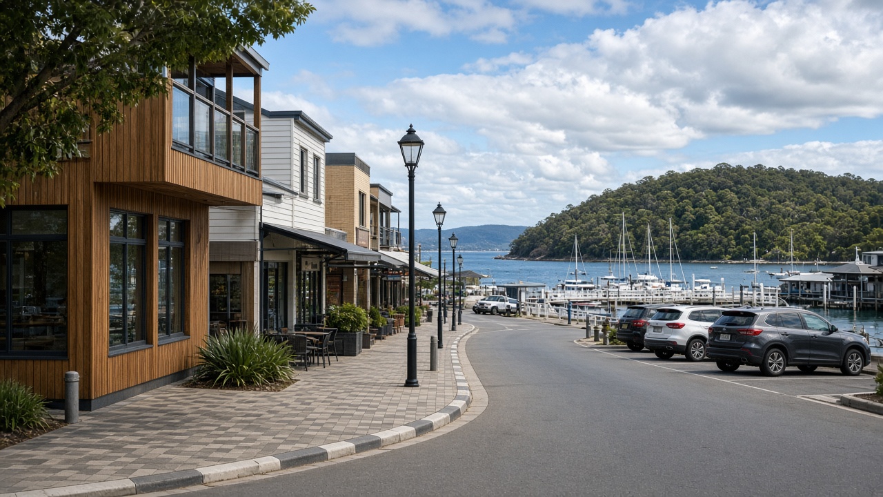 Nelson Bay commercial street near marina being serviced
