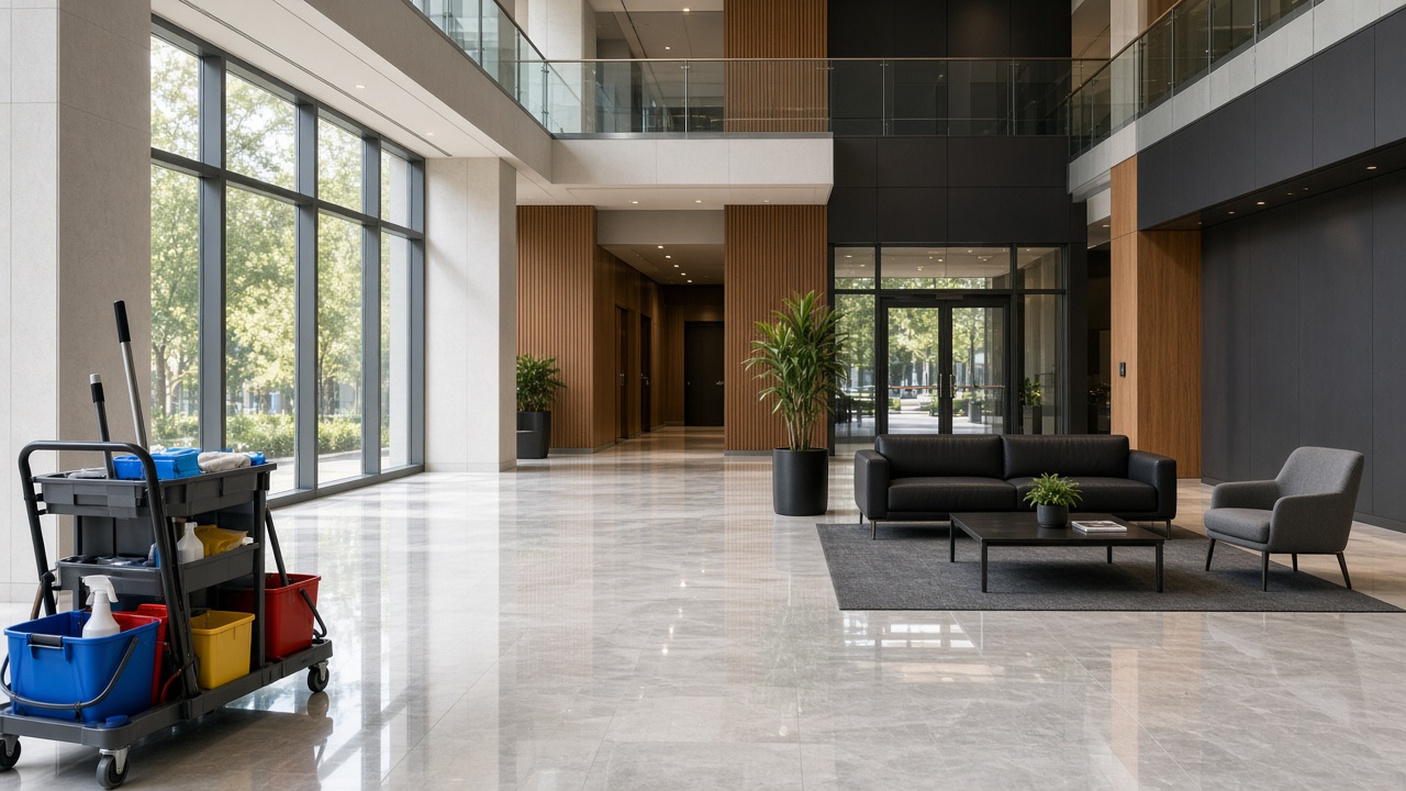 Building manager and facilities contractor reviewing documentation