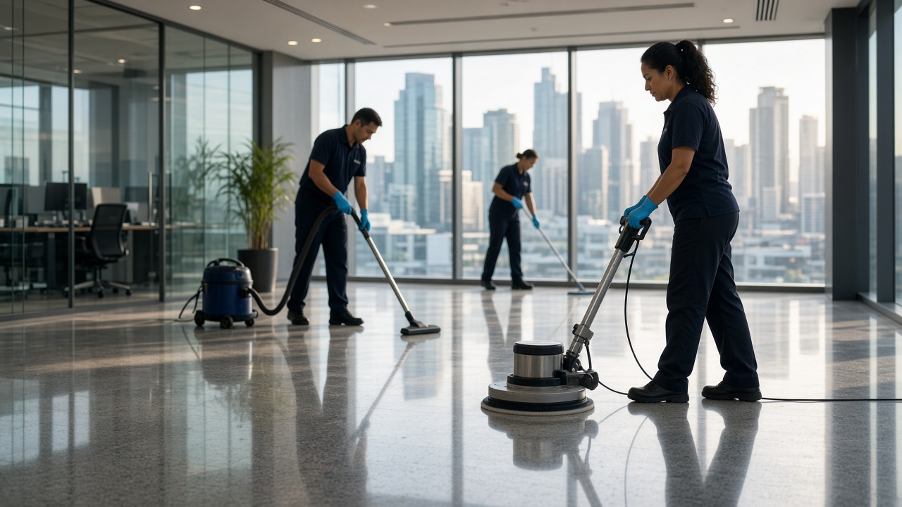 Commercial cleaning team cleaning a Newcastle office building