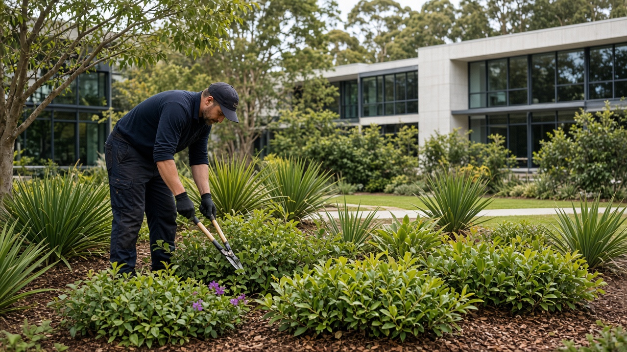 Grounds maintenance crew mowing lawn at a Newcastle strata complex