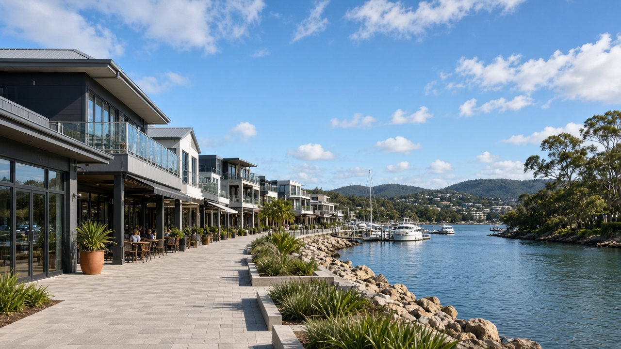 Nelson Bay commercial street near marina being serviced