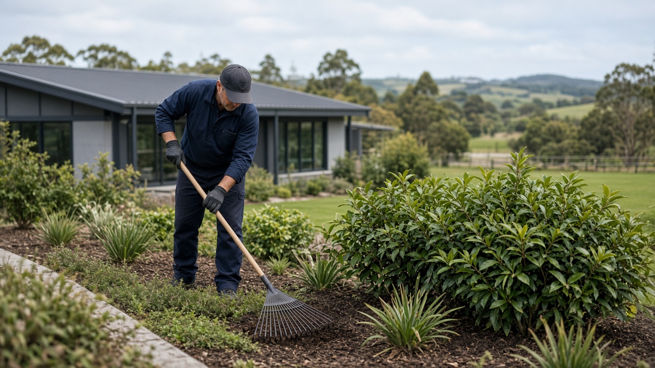 Grounds maintenance crew mowing lawn at a Newcastle strata complex