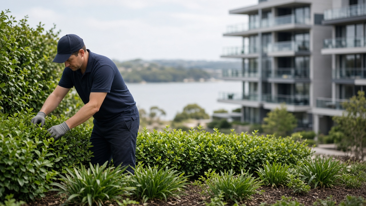Grounds maintenance crew mowing lawn at a Newcastle strata complex