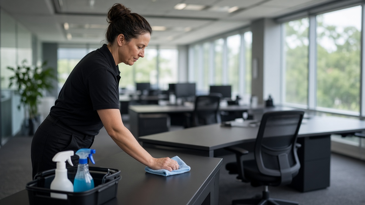 Office cleaning team cleaning desks in a Newcastle CBD office