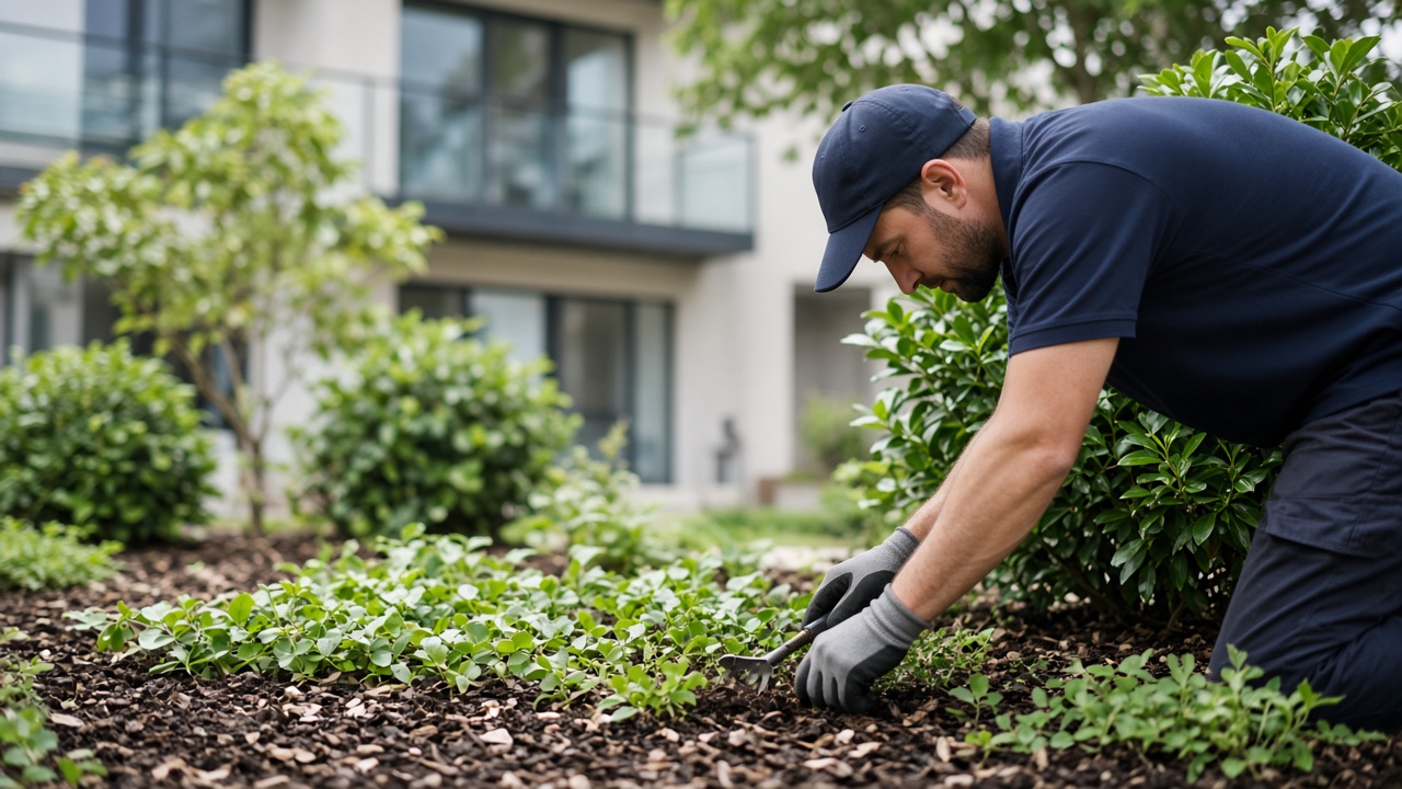 Grounds maintenance crew mowing lawn at a Newcastle strata complex