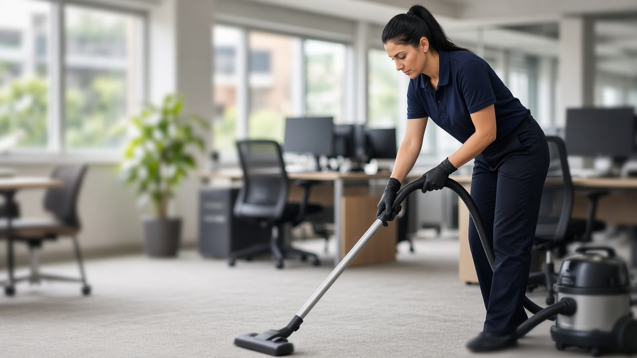 Office cleaning team cleaning desks in a Newcastle CBD office
