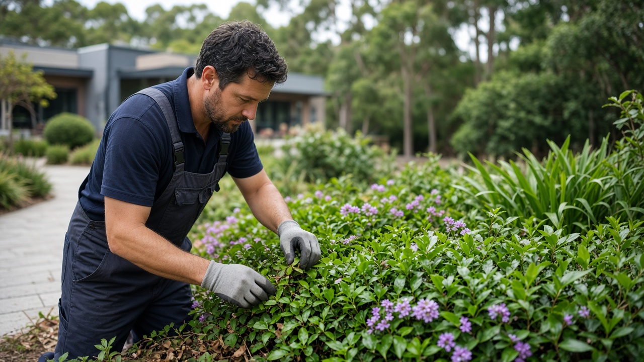 Grounds maintenance crew mowing lawn at a Newcastle strata complex