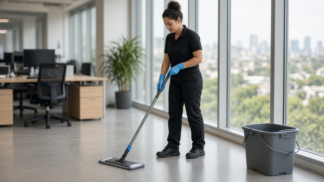 Office cleaning team cleaning desks in a Newcastle CBD office