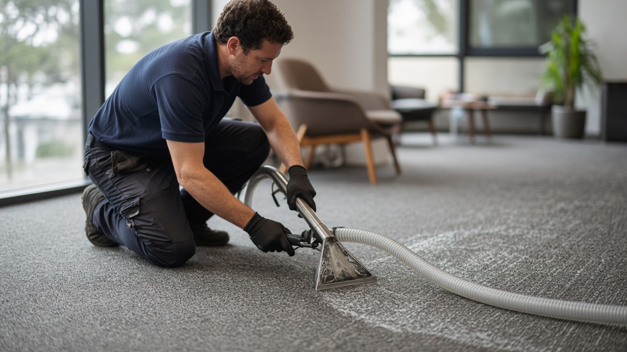 Hot water extraction machine cleaning office corridor carpet