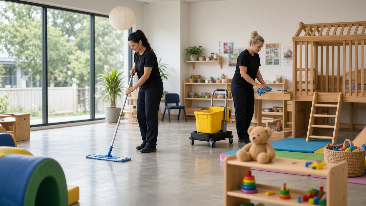 Childcare centre floor being mopped with child-safe products