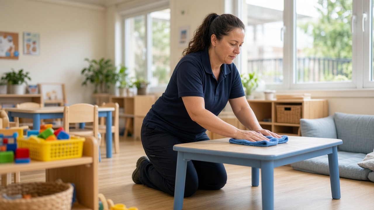 Child-safe cleaning products on childcare centre bench