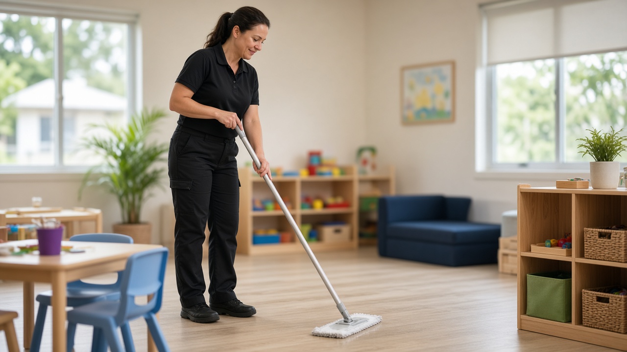 Play area floor being cleaned at childcare centre