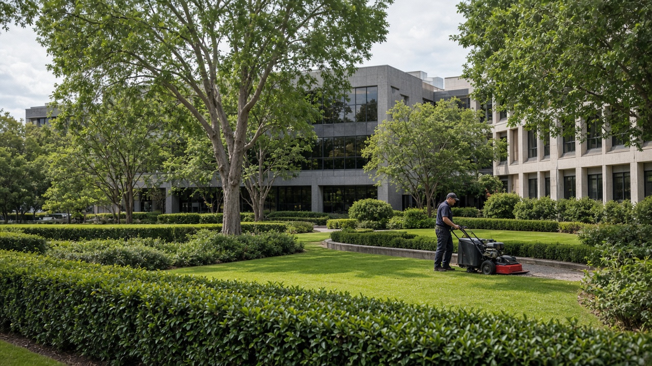 Grounds maintenance crew mowing lawn at a Newcastle strata complex