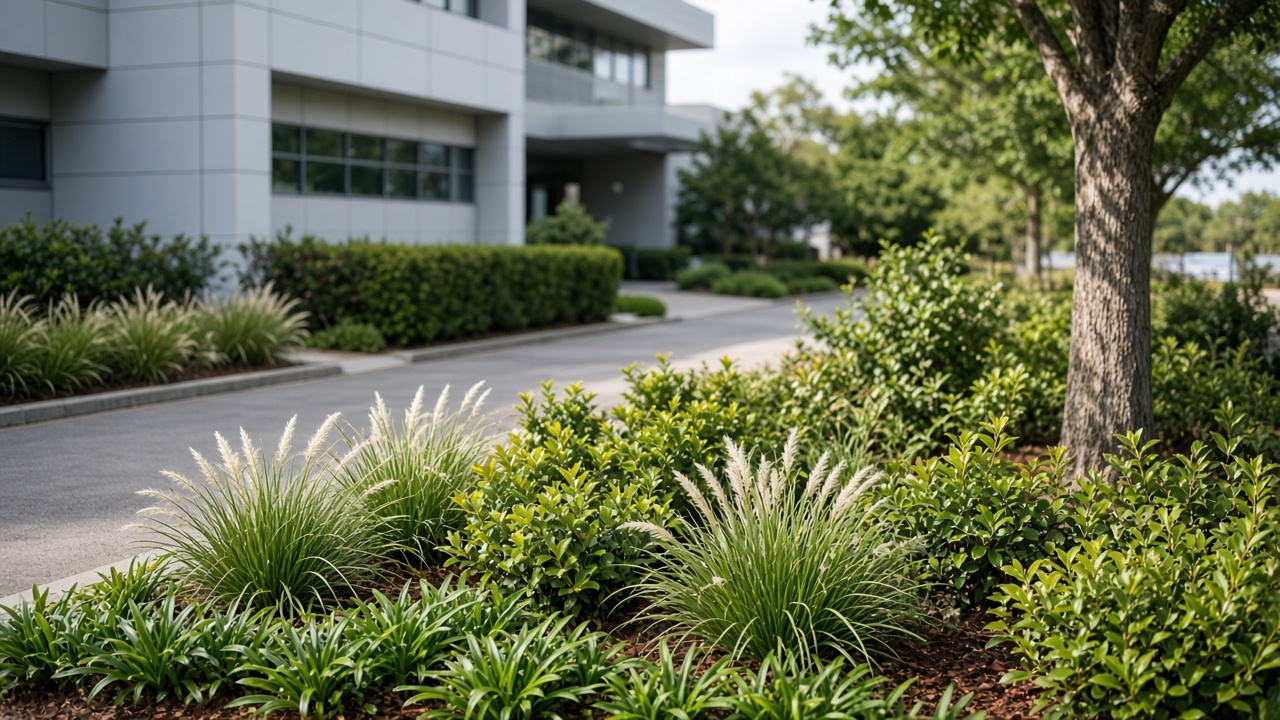 Grounds maintenance crew mowing lawn at a Newcastle strata complex