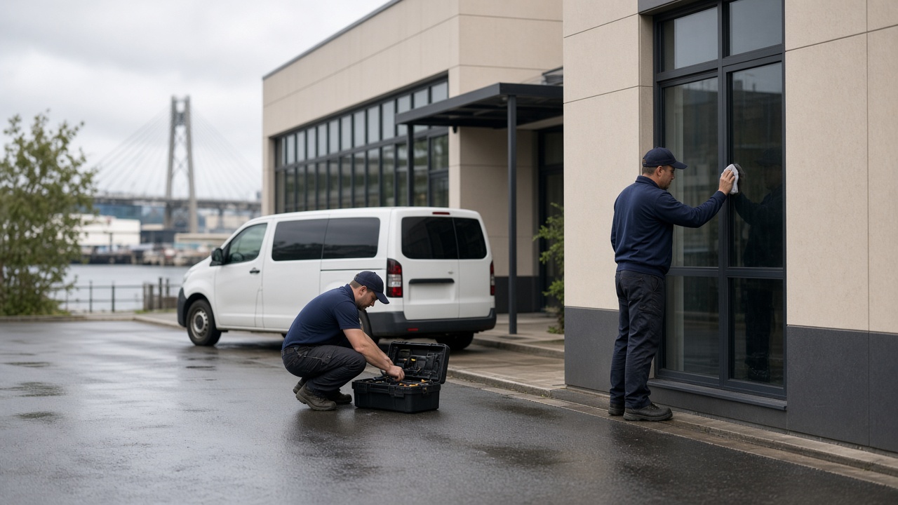 Maintenance tradesperson inspecting commercial building in Newcastle
