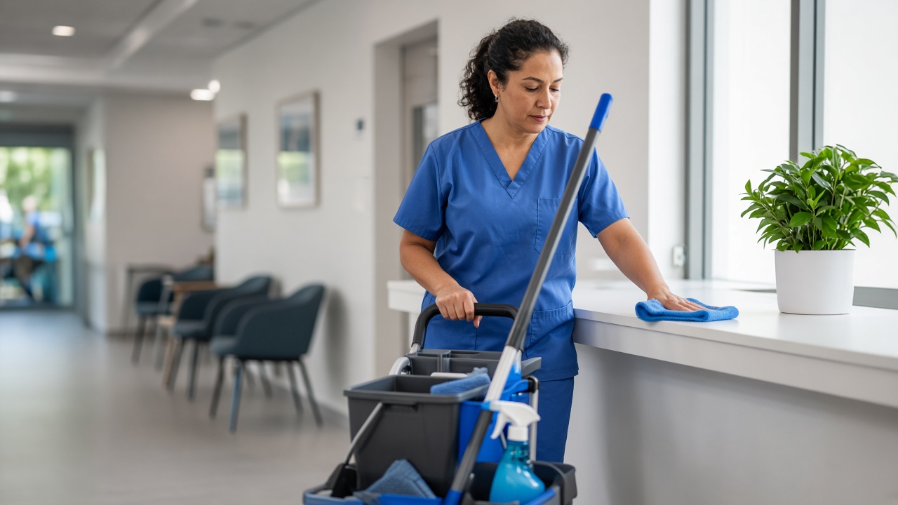 Colour-coded cleaning cloths on clinical bench