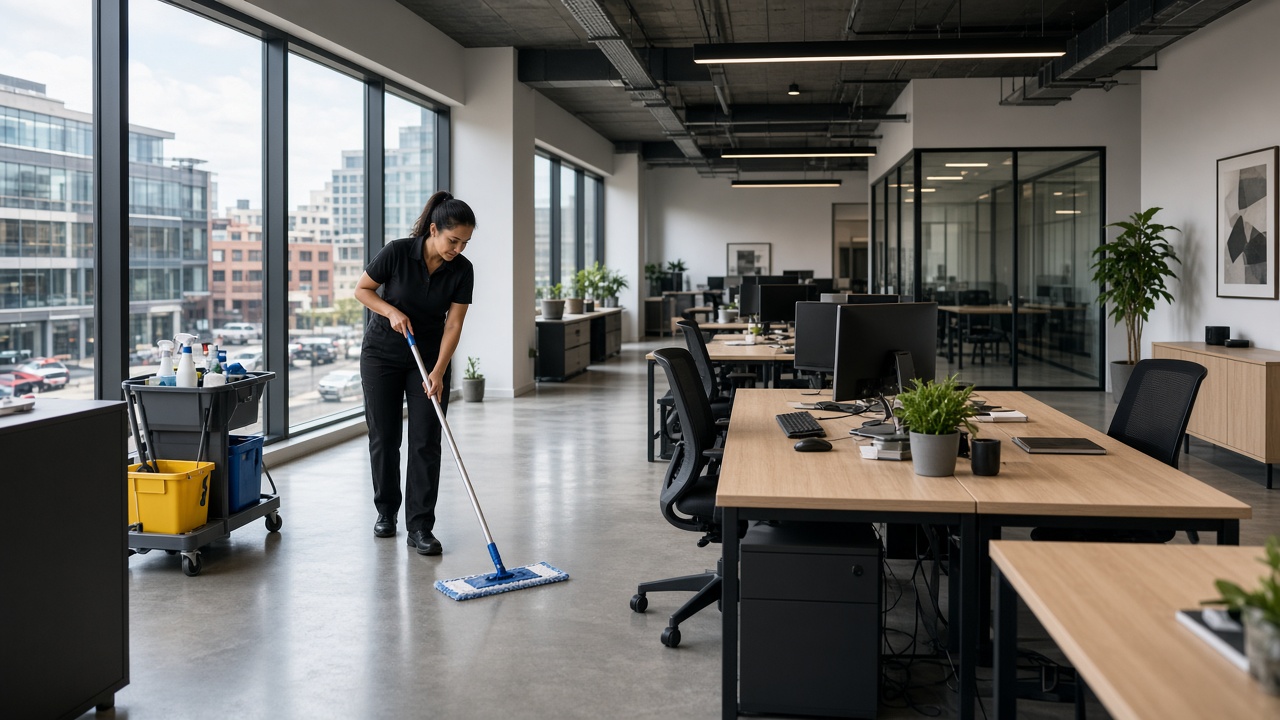 Office cleaning team cleaning desks in a Newcastle CBD office