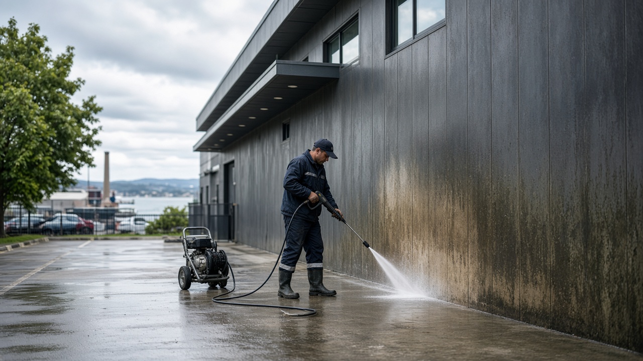 Pressure washer cleaning commercial car park in Newcastle
