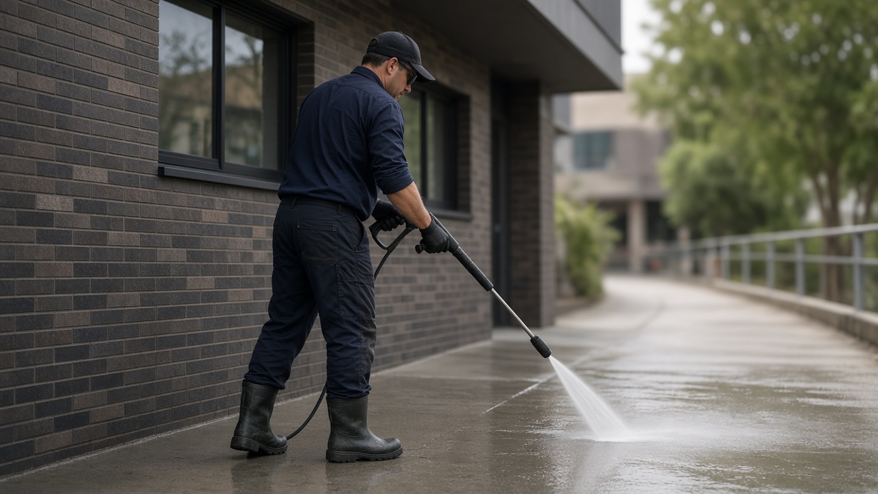 Concrete footpath being pressure washed at commercial property