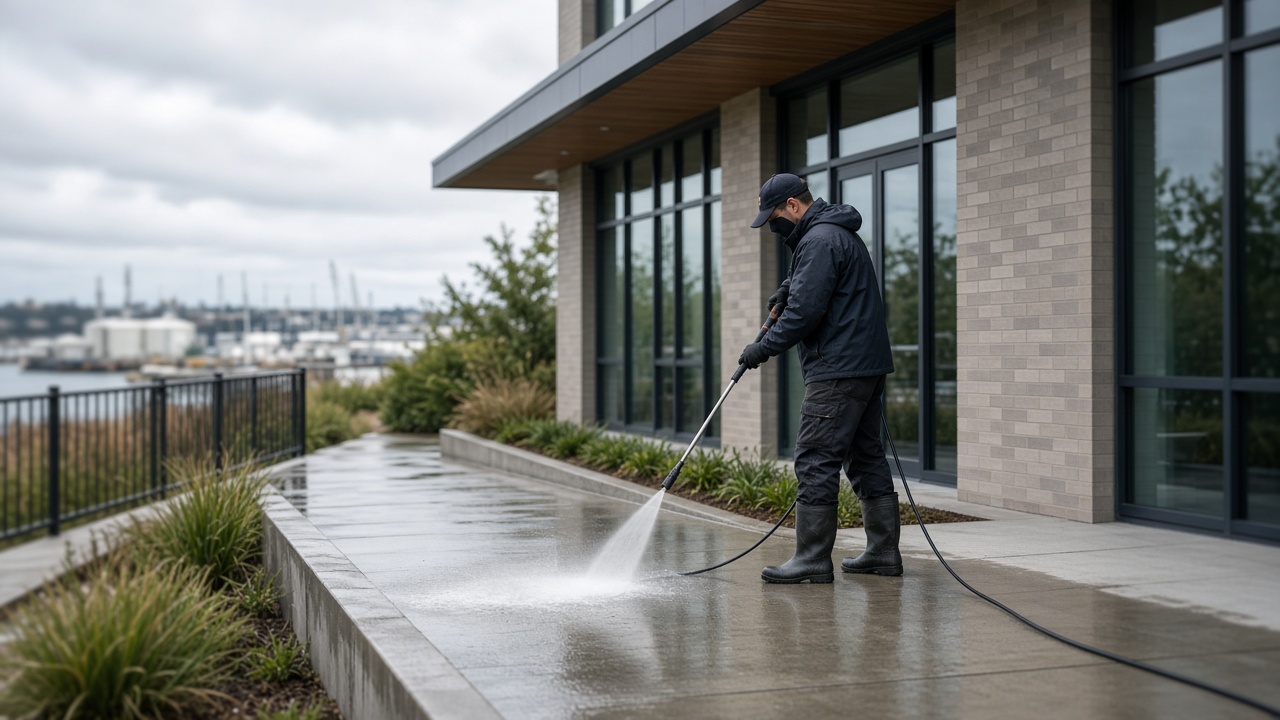 Industrial hardstand area being cleaned with pressure washer