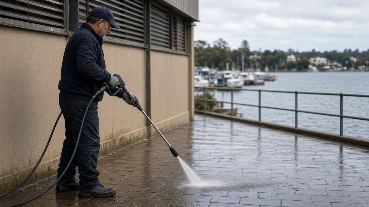 Building facade being soft-washed