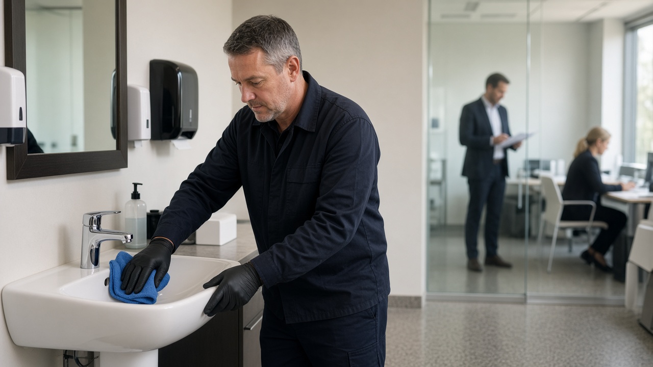 Washroom consumables being restocked — hand soap, paper towels