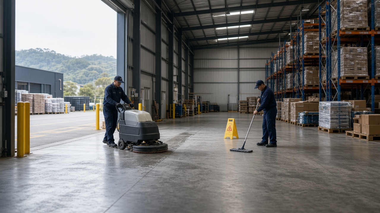 Warehouse floor being swept in Newcastle industrial facility
