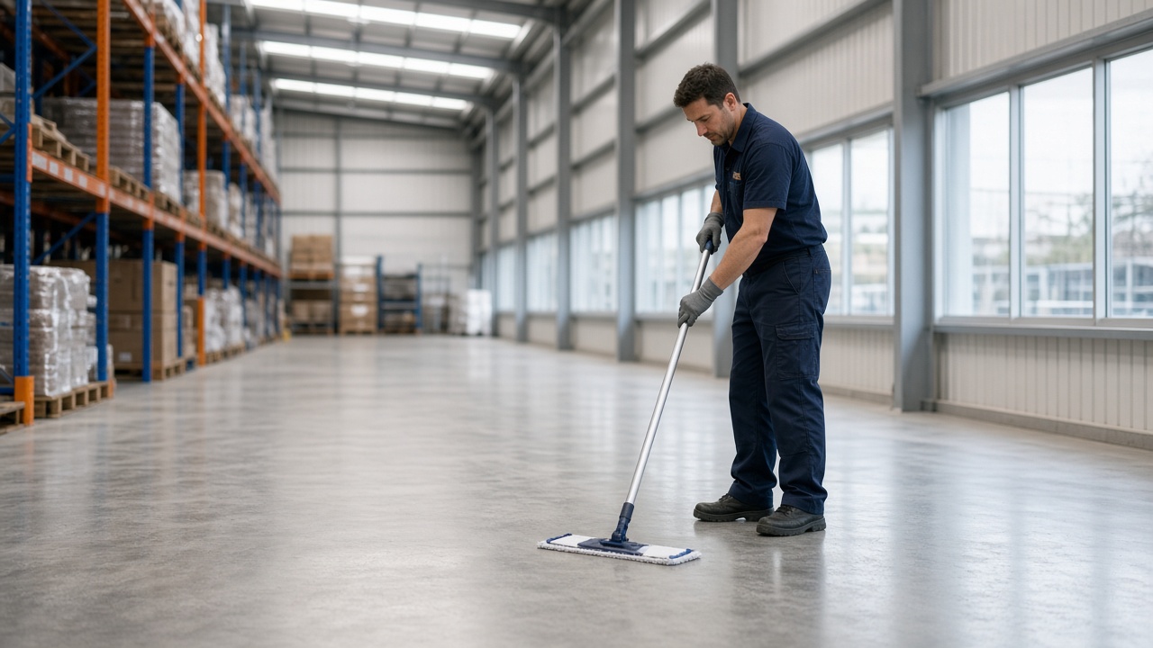 Warehouse amenities block being cleaned after shift