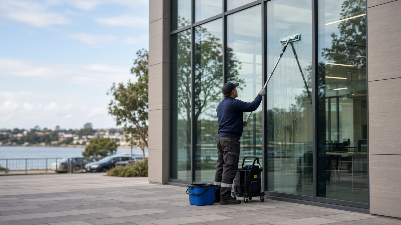 Commercial window cleaner using water-fed pole on Newcastle office building