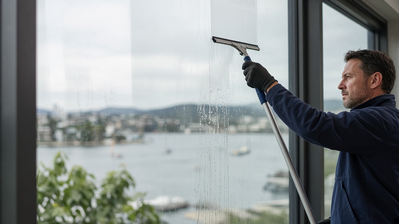 Squeegee cleaning internal office windows in Newcastle CBD