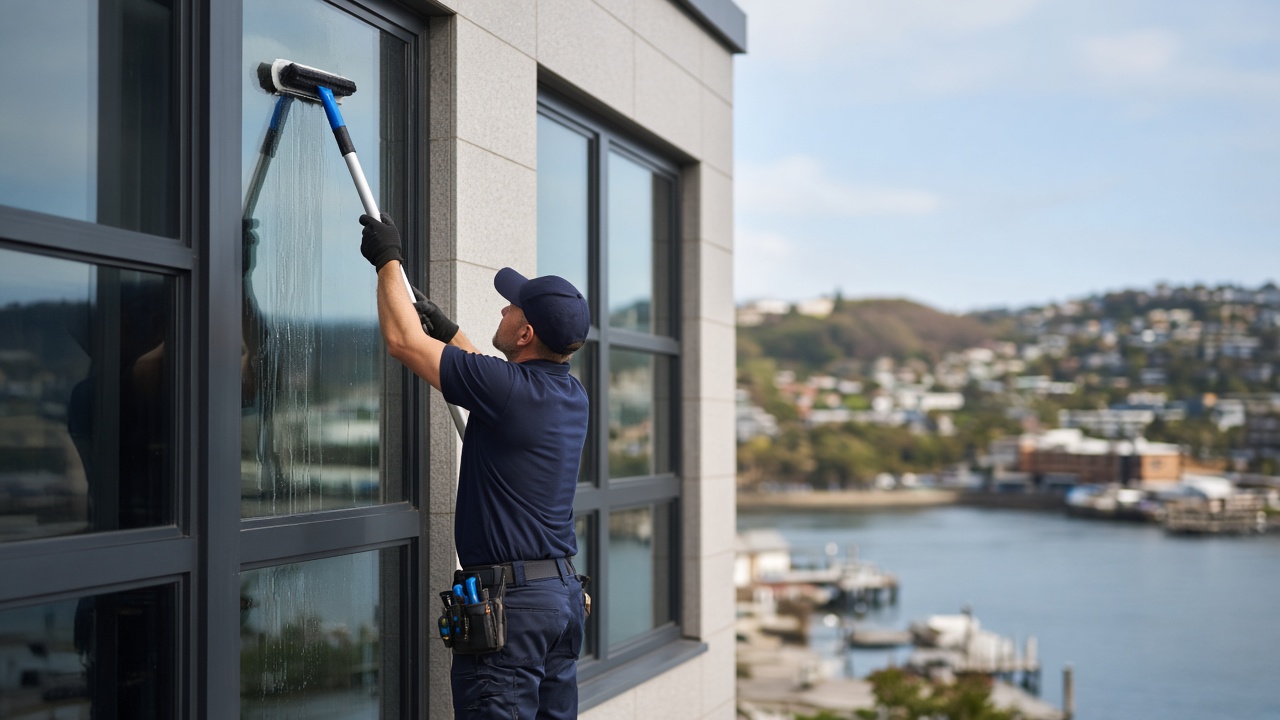 Window frames and sills being wiped after glass cleaning